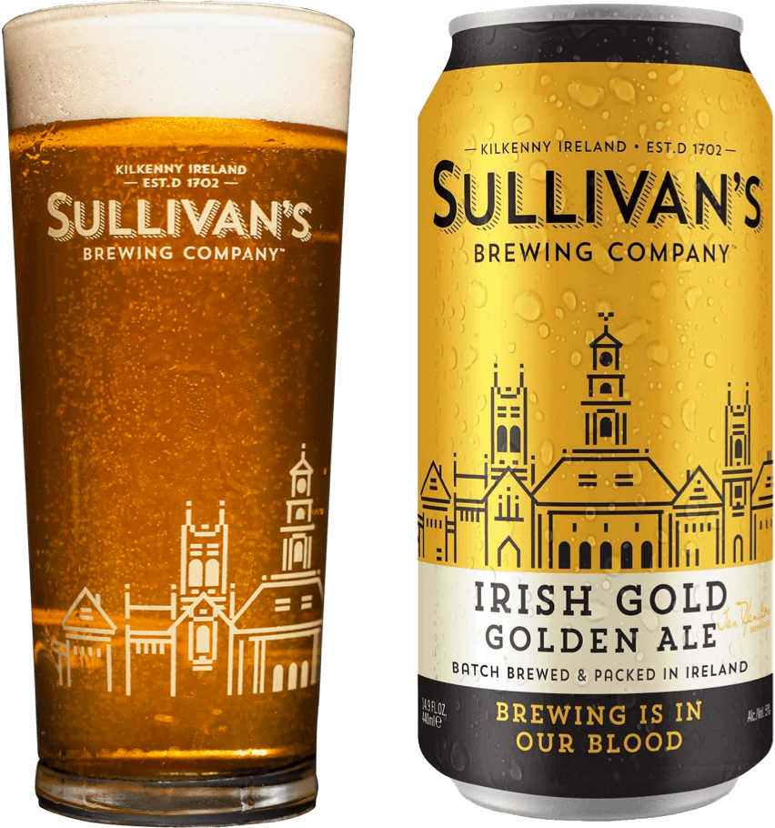 Sullivan's Irish Gold Golden Ale glass and can